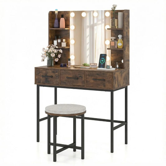 Makeup Dressing Table and Cushioned Stool Set with Power Outlets