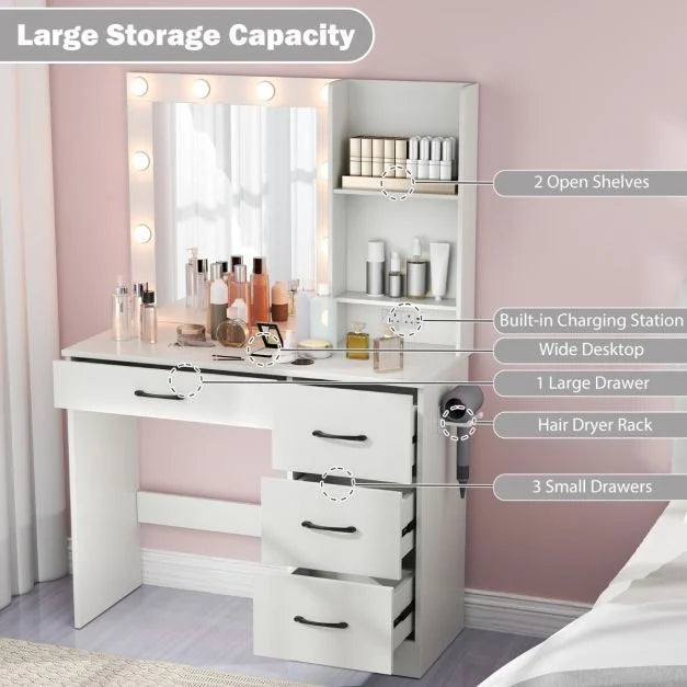 Makeup Vanity Desk Dressing Table with Mirror Lights and Charging Station