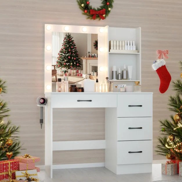 Makeup Vanity Desk Dressing Table with Mirror Lights and Charging Station