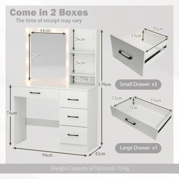 Makeup Vanity Desk Dressing Table with Mirror Lights and Charging Station