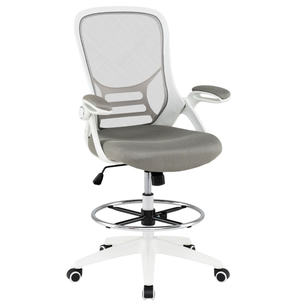 Mesh Drafting Chair, Ergonomic Swivel Office Chair with Adjustable Footrest (with Flip-up Armrests, Black)
