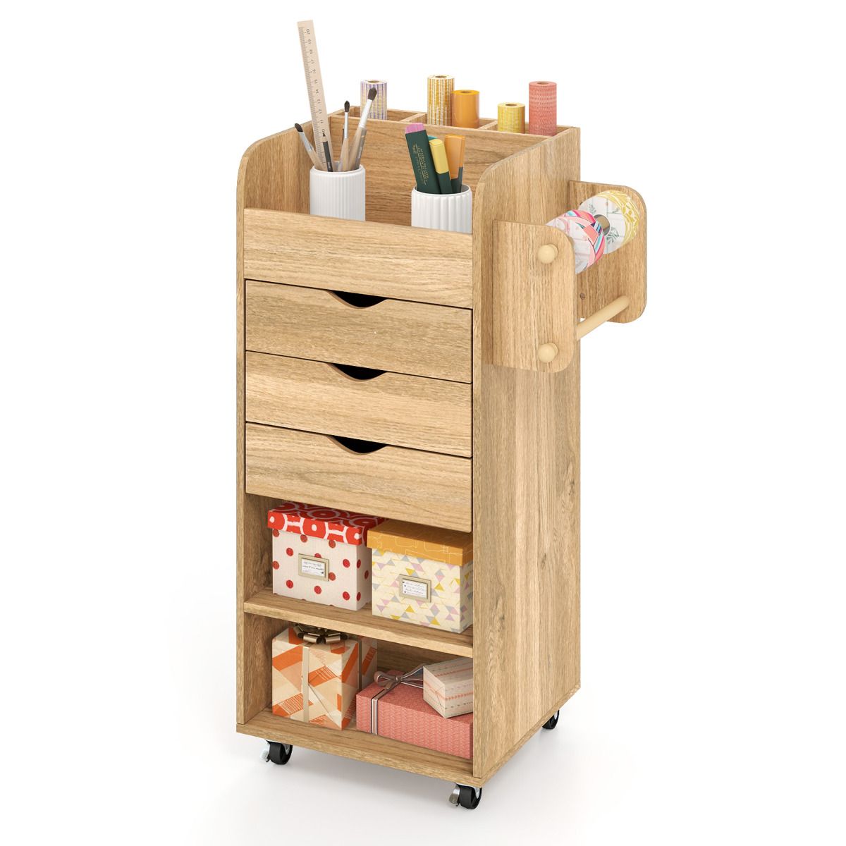 Mobile Rolling Storage Cart with 3 Drawers 2 Shelves and 2 Dowel Rods