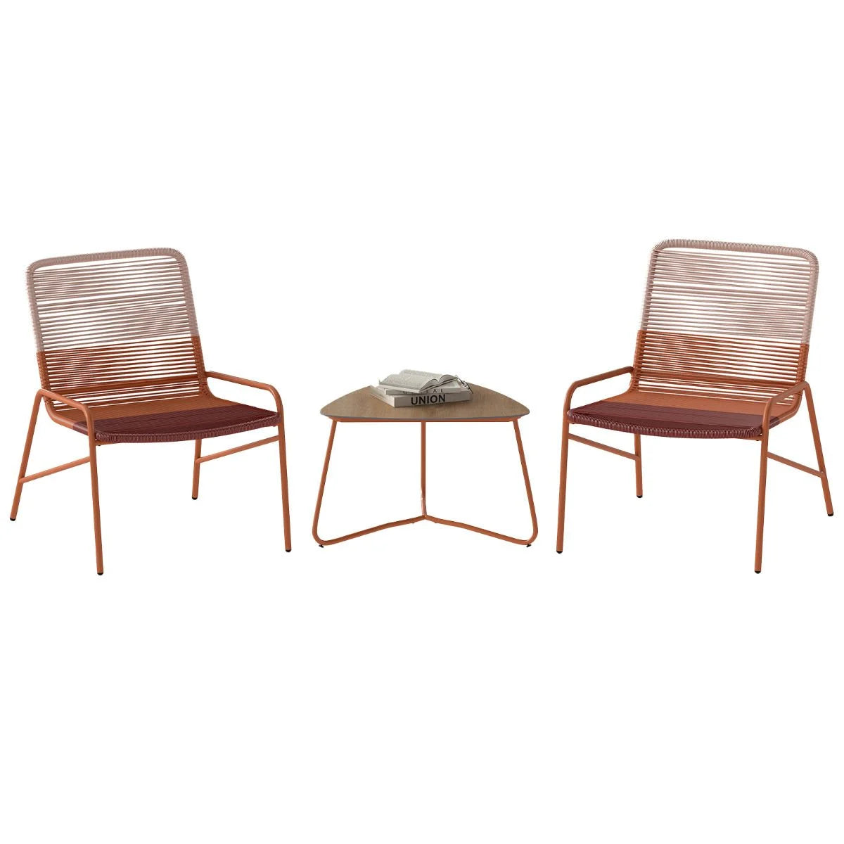 Outdoor Rattan Furniture Set with 2 Gradient Chairs and Wood-Plastic Side Table