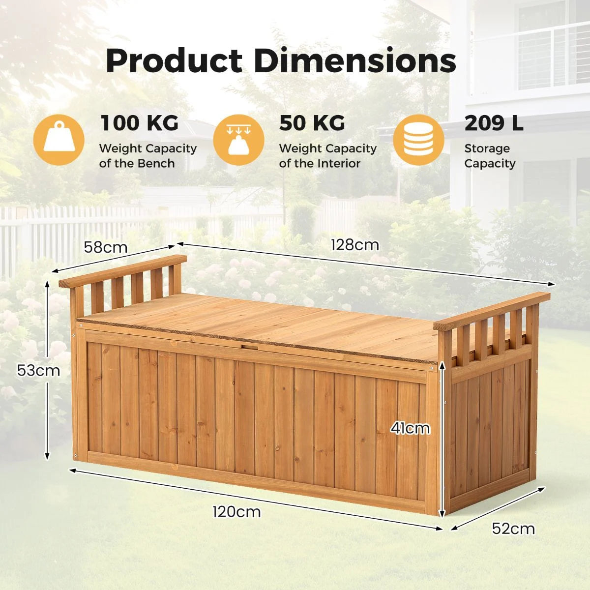 Outdoor Wood Storage Bench 209 L Large Storage Deck Box
