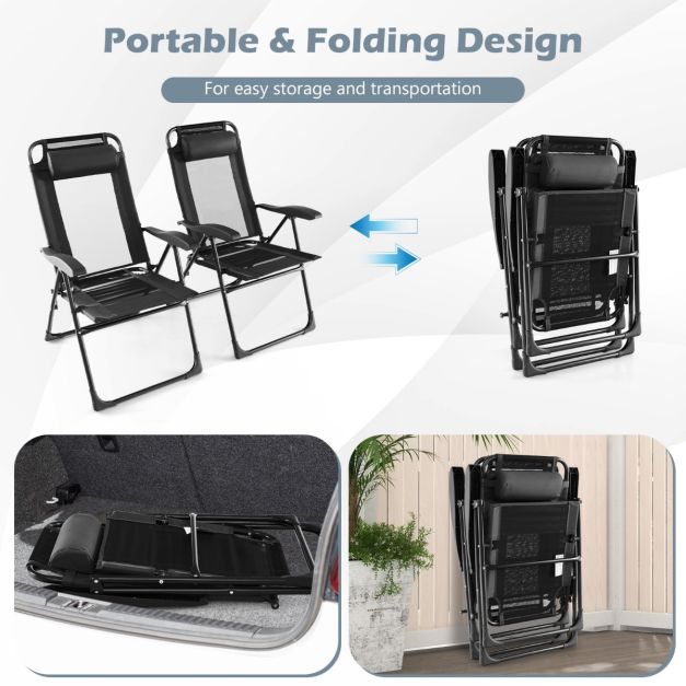 Patio Folding Chairs Set of 2 with Wide Armrests and 7-Level Backrest