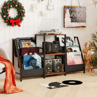 Record Player Stand with Open Shelves and 6 Storage Pockets