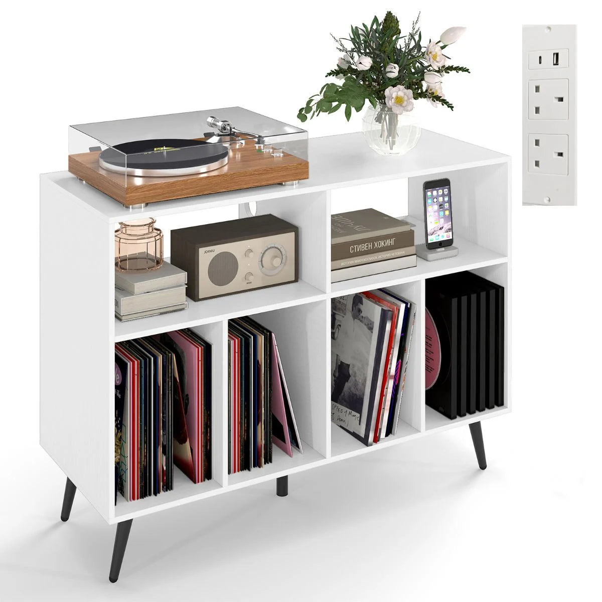 Record Player Stand with Charging Station and Storage Shelves
