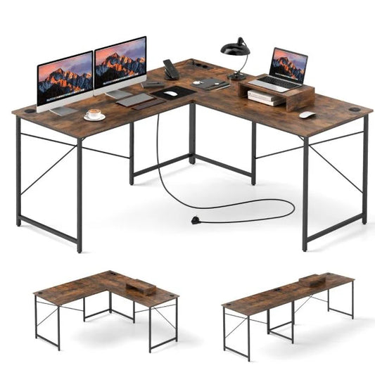 Reversible L-Shaped Desk with Built-in Power Strip and Removable Host Stand