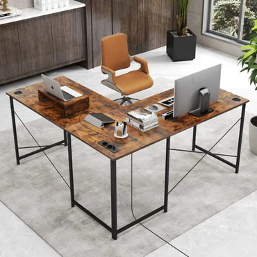Reversible L-Shaped Desk with Built-in Power Strip and Removable Host Stand