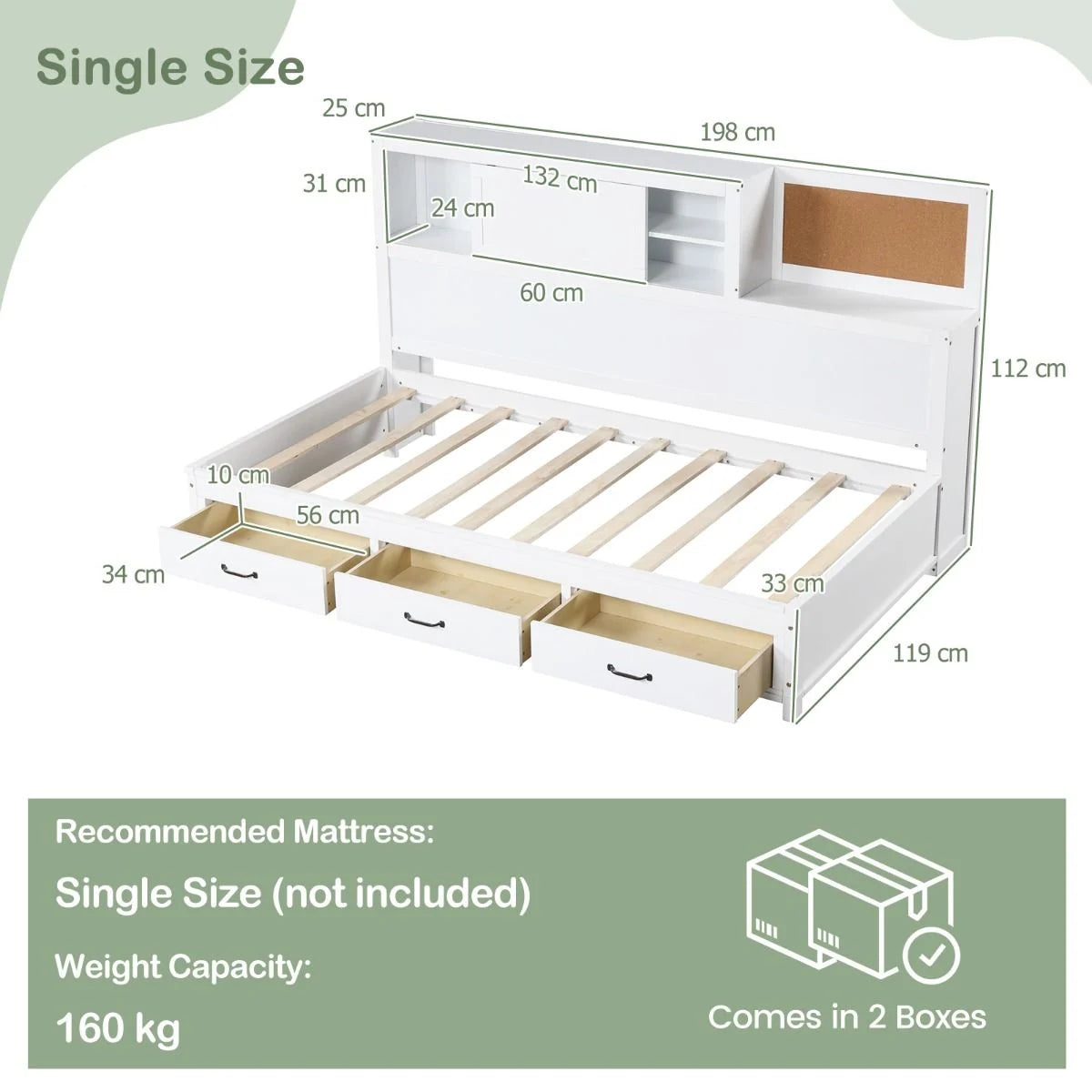 Daybed Frame with 3 Storage Drawers