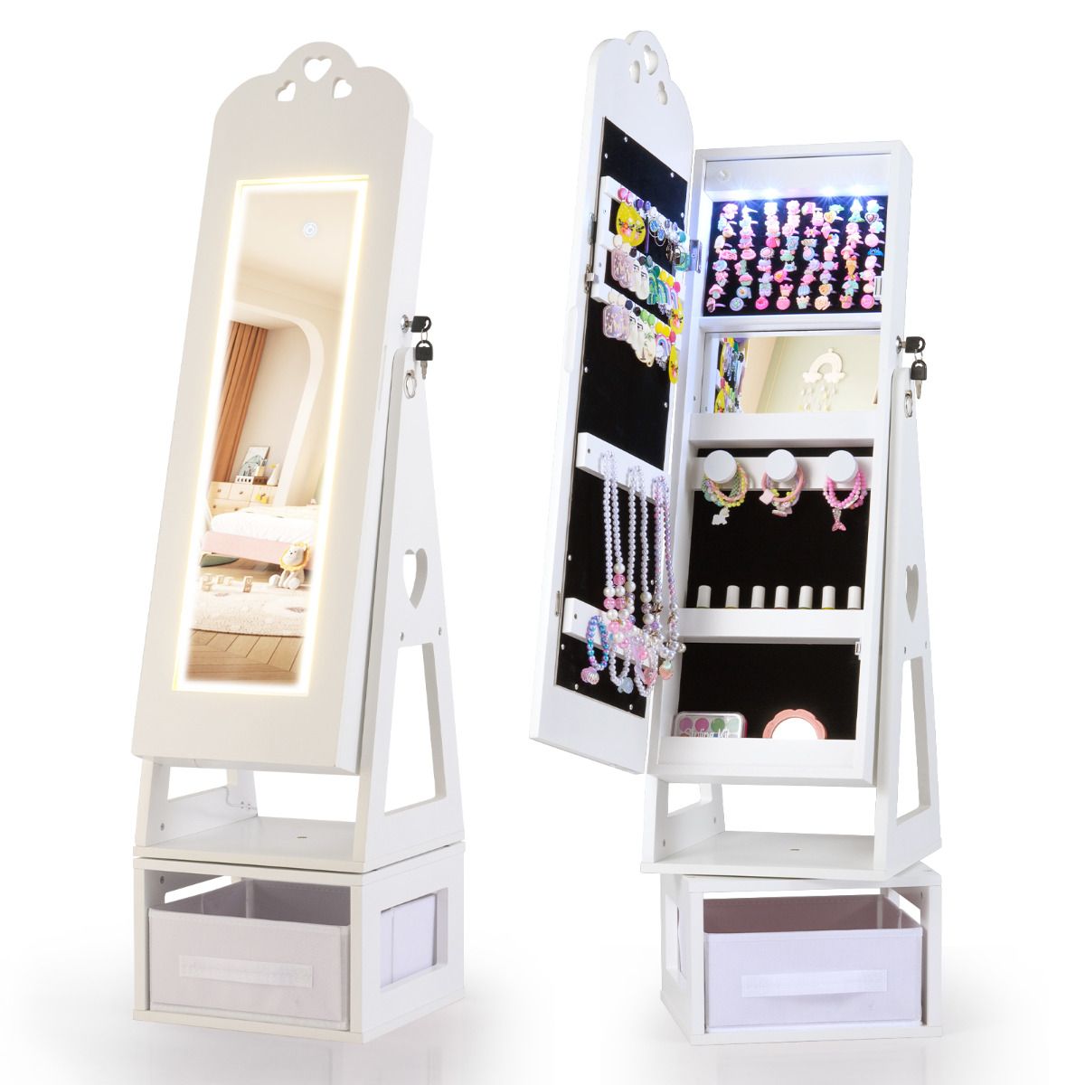 Swivel Kids Jewelry Cabinet with Full-Length Mirror and Lights