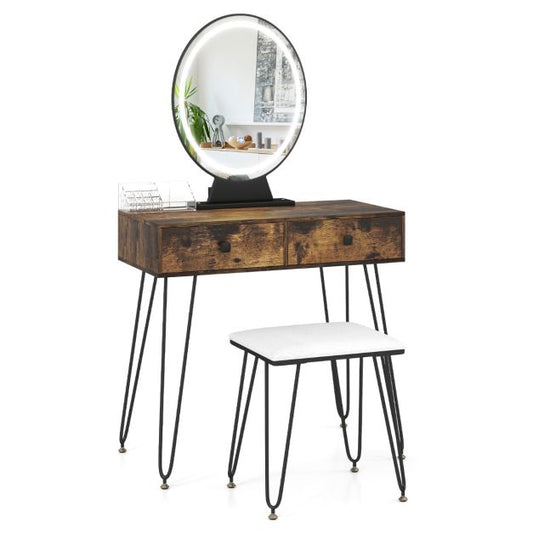 Vanity Set with LED Lighted Mirror and Soft Cushioned Stool for Bedroom