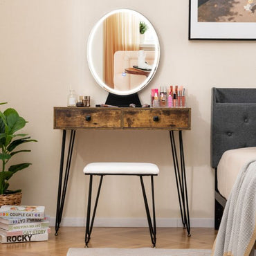 Vanity Set with LED Lighted Mirror and Soft Cushioned Stool for Bedroom