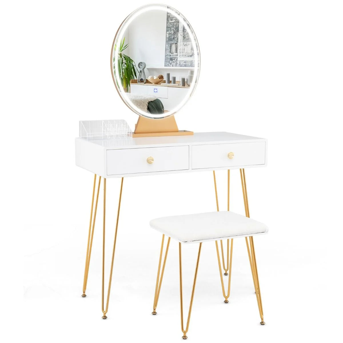 Vanity Set with LED Lighted Mirror and Soft Cushioned Stool for Bedroom