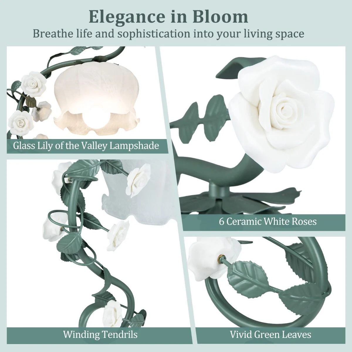 Vintage Nightstand Lamp with 6 Ceramic Roses and Metal Leaves