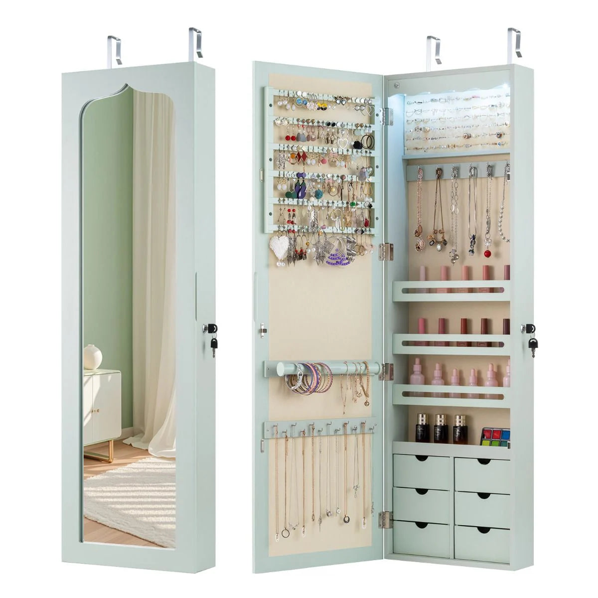 Wall & Door Mounted Jewellery Cabinet, 5 LED Lighted Lockable Jewelry Armoire with Full-Length Mirror