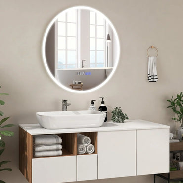 LED Bathroom Mirror with 3-Color Dimmable Lights, Time and Temp Display