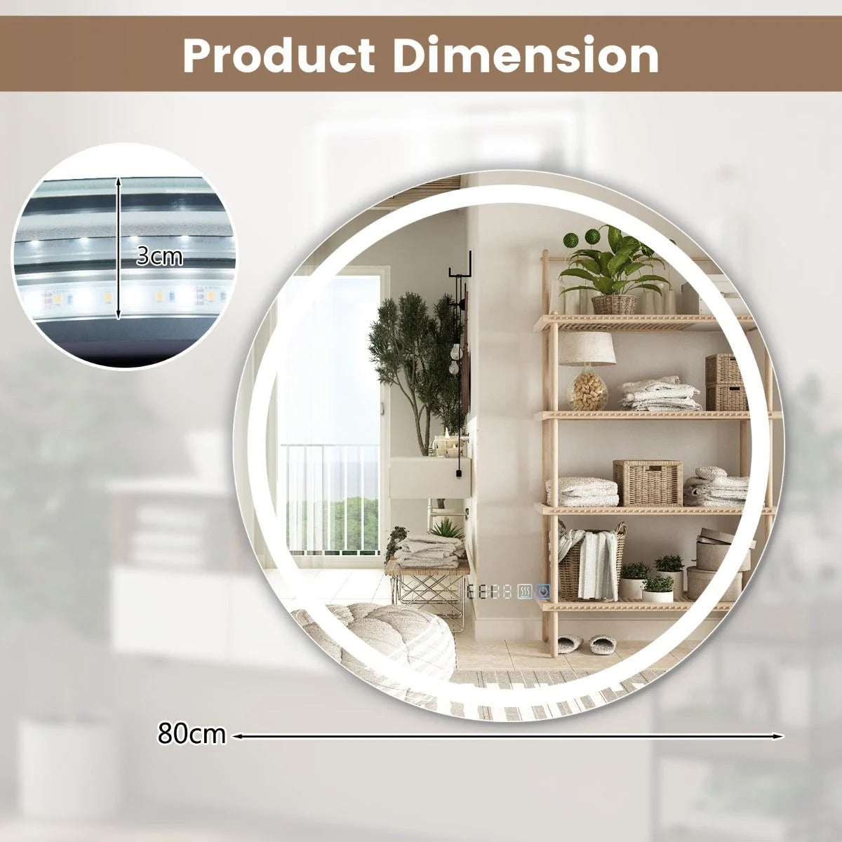 LED Bathroom Mirror with 3-Color Dimmable Lights, Time and Temp Display