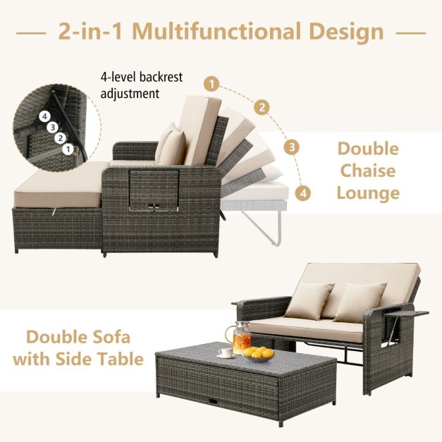 Patio Rattan Daybed Set with Multipurpose Ottoman and Retractable Side Tray