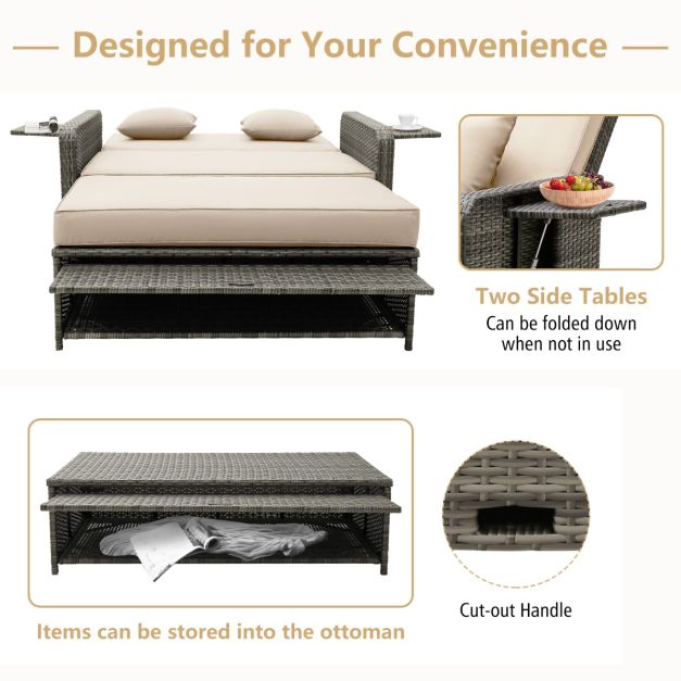 Patio Rattan Daybed Set with Multipurpose Ottoman and Retractable Side Tray