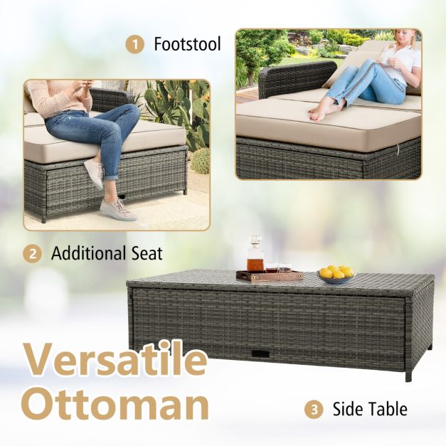 Patio Rattan Daybed Set with Multipurpose Ottoman and Retractable Side Tray