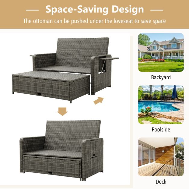 Patio Rattan Daybed Set with Multipurpose Ottoman and Retractable Side Tray