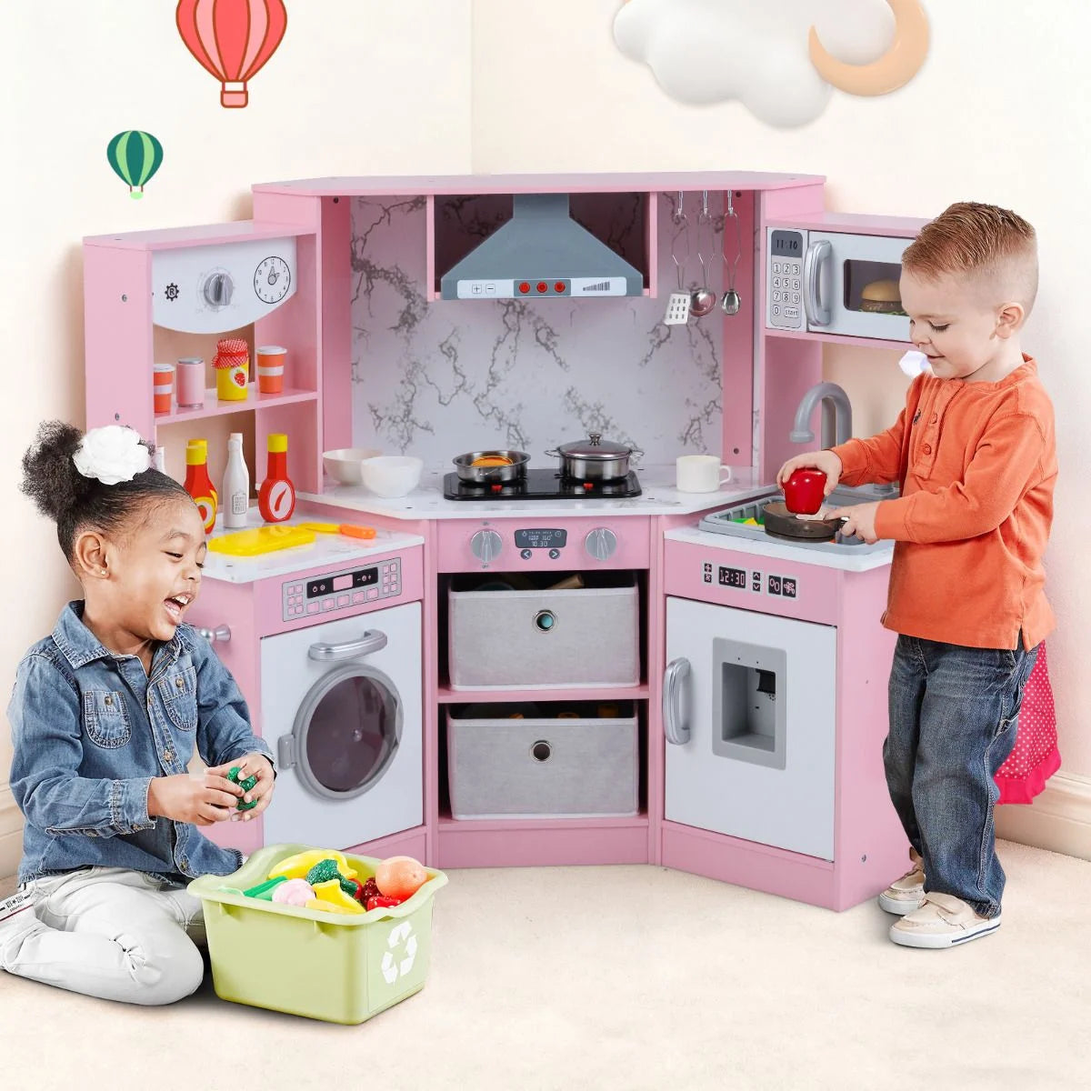 Wooden Kids Play Kitchen Corner with Lights and Water Circulation System