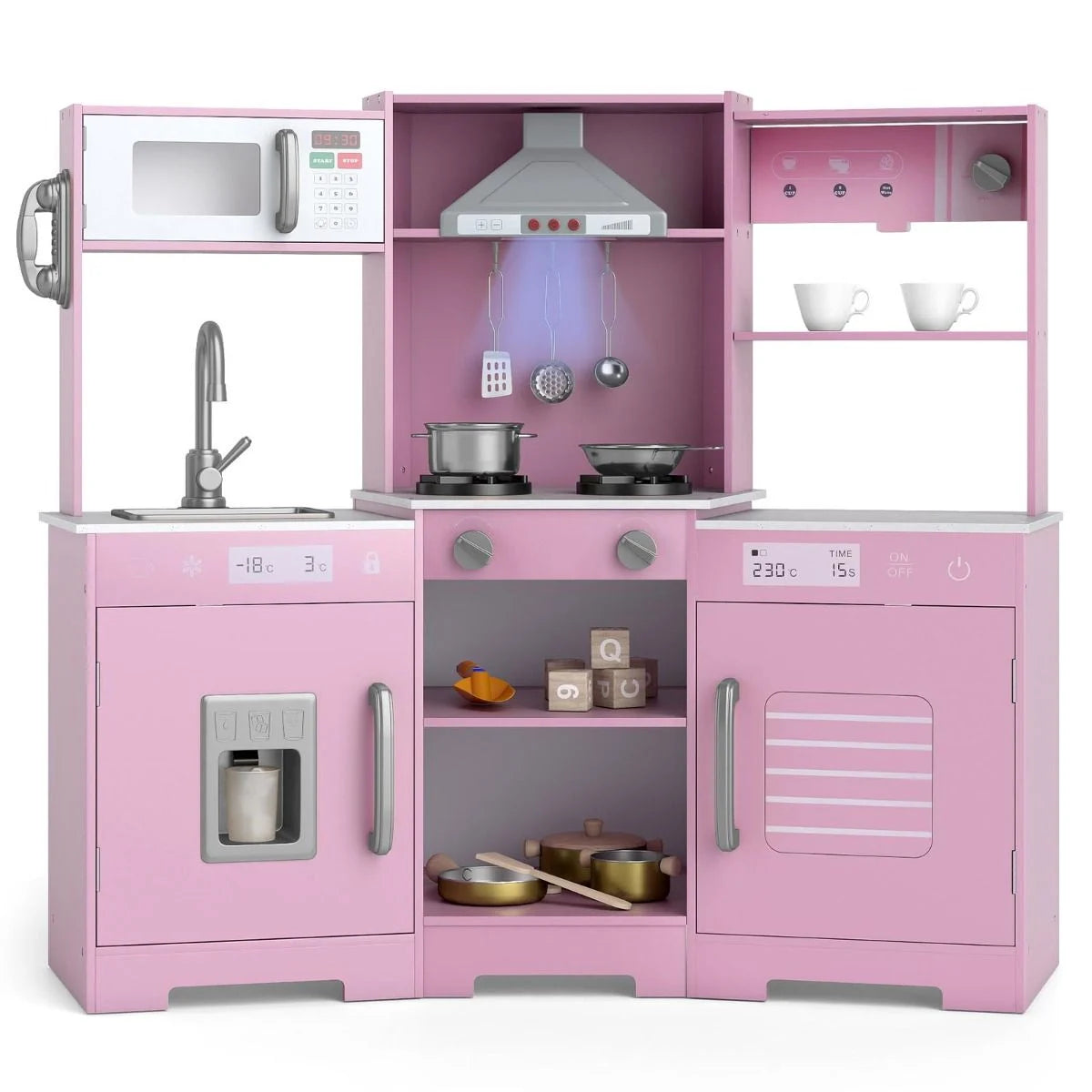 Wooden Pretend Play Kitchen with Real Sounds and Lights