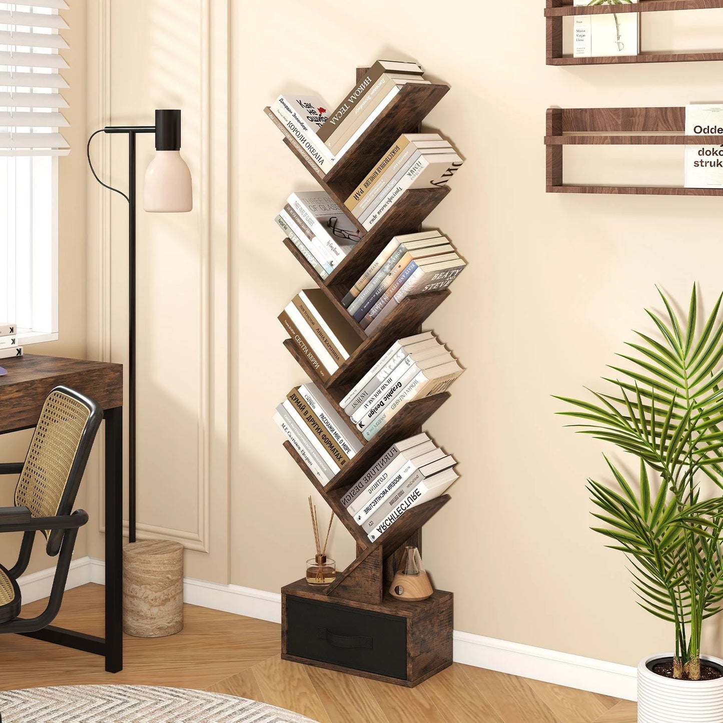 10-Tier Freestanding Tree Bookshelf with Drawer for Home Office and Living Room