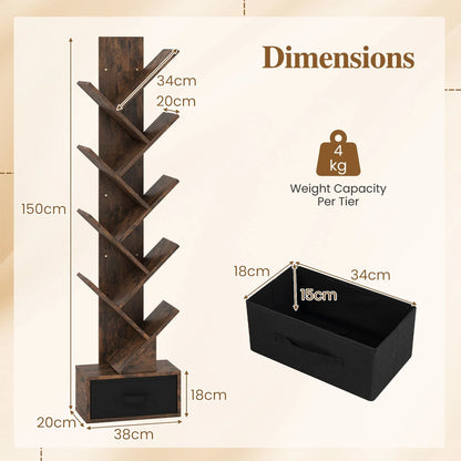 10-Tier Freestanding Tree Bookshelf with Drawer for Home Office and Living Room