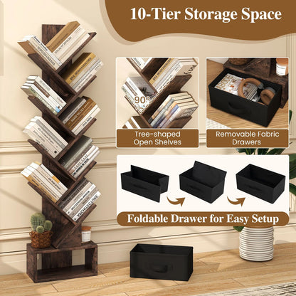 10-Tier Freestanding Tree Bookshelf with Drawer for Home Office and Living Room