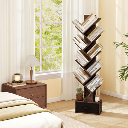 10-Tier Freestanding Tree Bookshelf with Drawer for Home Office and Living Room