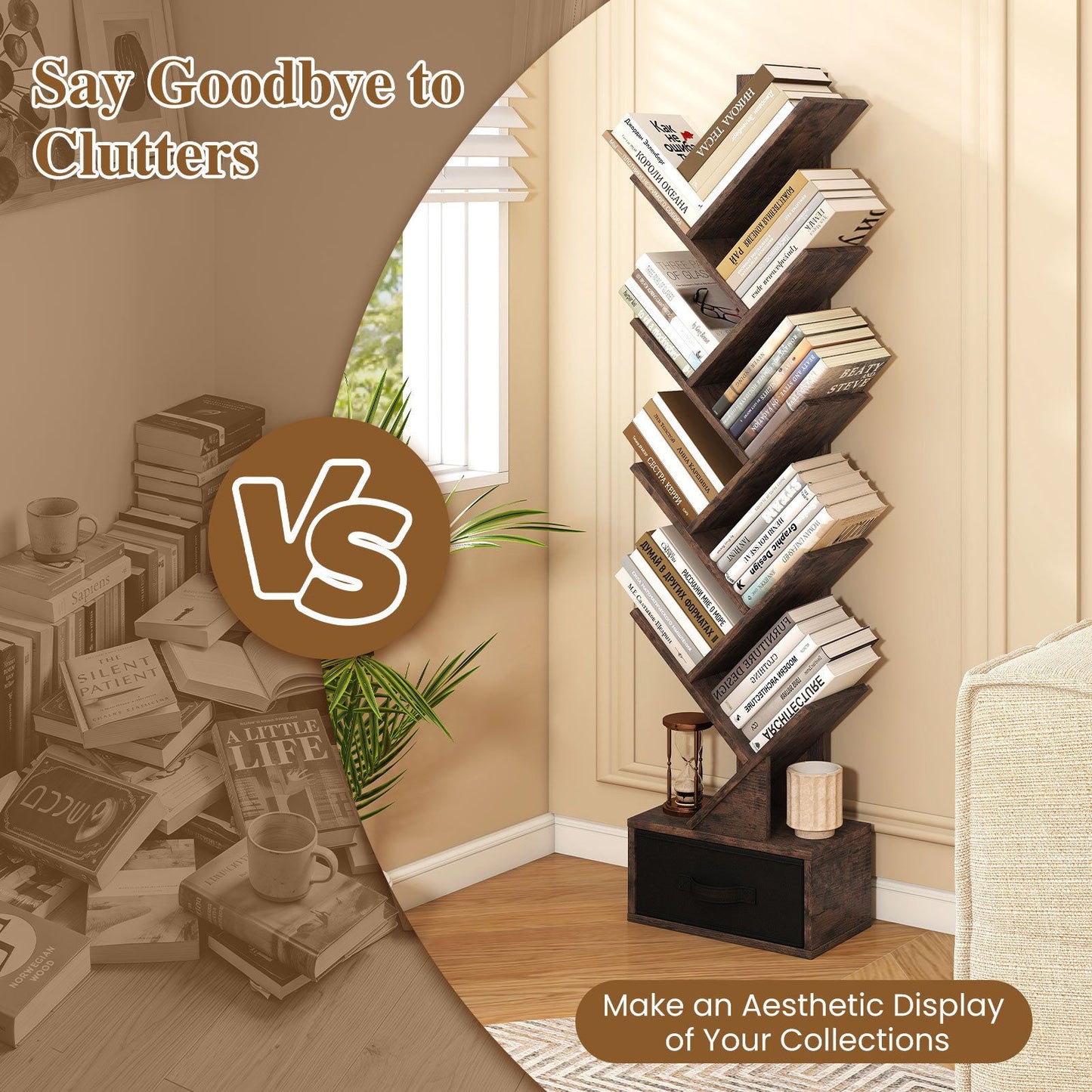 10-Tier Freestanding Tree Bookshelf with Drawer for Home Office and Living Room
