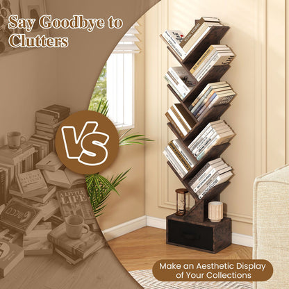 10-Tier Freestanding Tree Bookshelf with Drawer for Home Office and Living Room