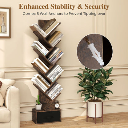 10-Tier Freestanding Tree Bookshelf with Drawer for Home Office and Living Room