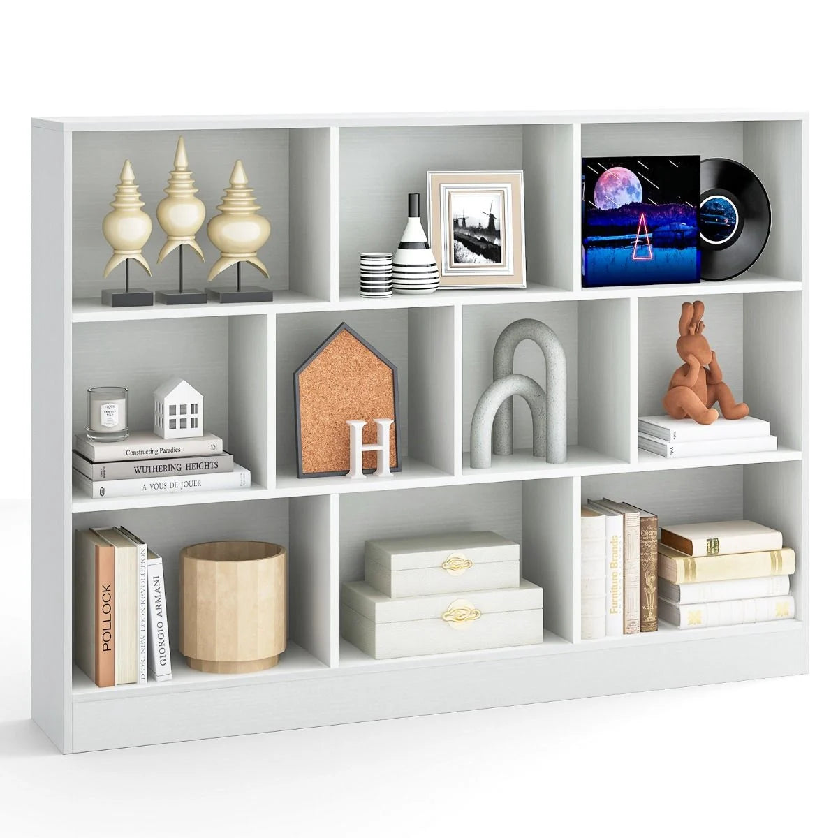 Wooden Cube Bookcase, 3 Tier Open Storage Shelving Unit with 10 Compartments, 140 x 24 x 104cm