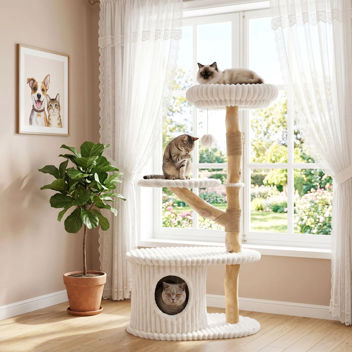 105 CM Tall Modern Cat Tower with Real Wood Branches and Scratching Posts for Cats