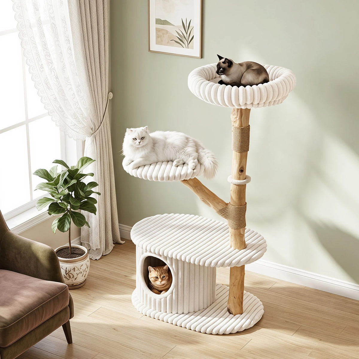 105 CM Tall Modern Cat Tower with Real Wood Branches and Scratching Posts for Cats