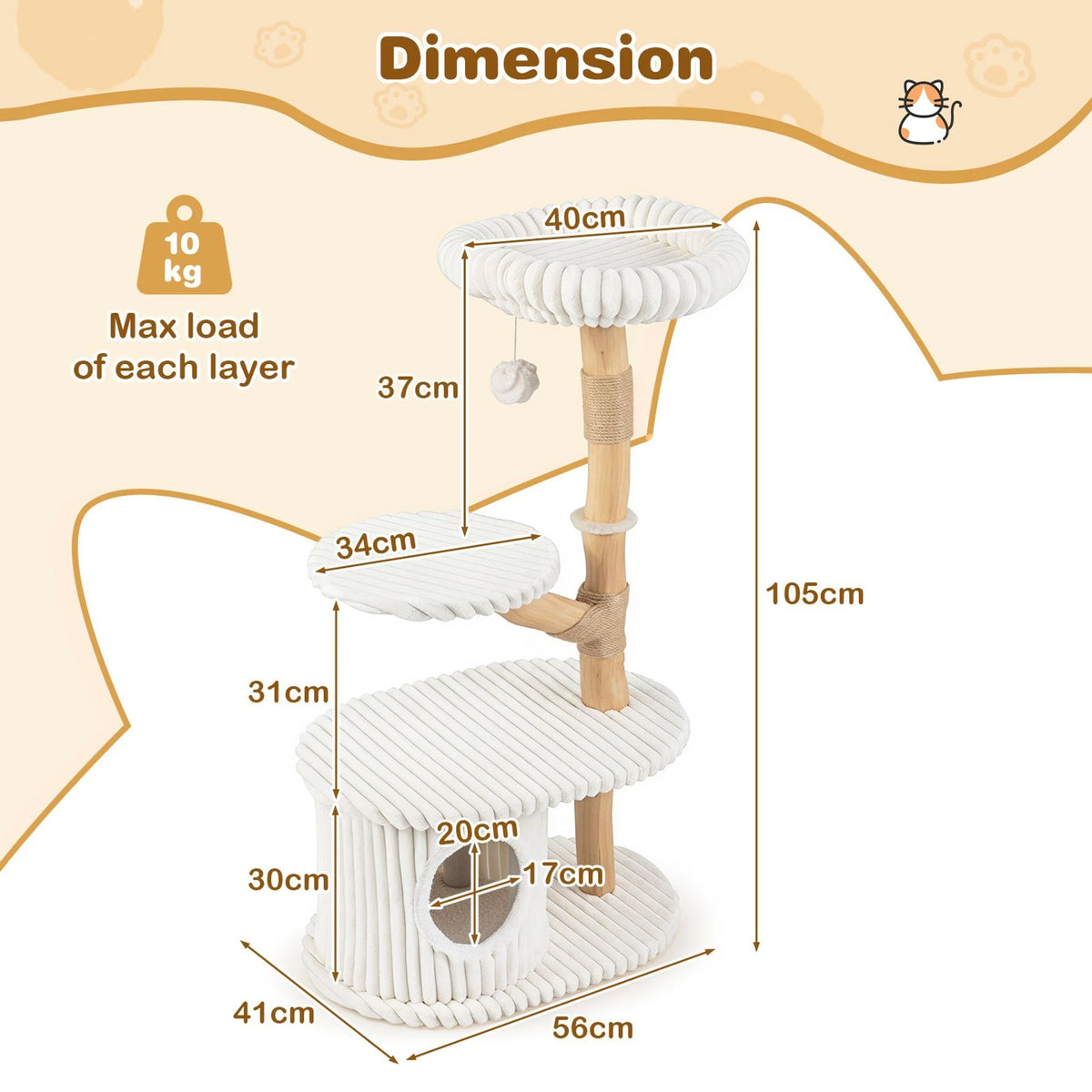 105 CM Tall Modern Cat Tower with Real Wood Branches and Scratching Posts for Cats