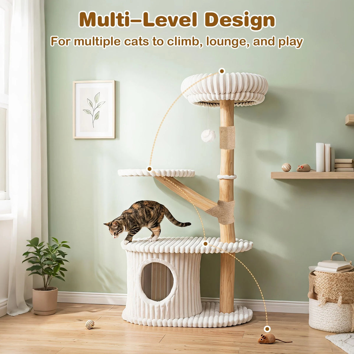 105 CM Tall Modern Cat Tower with Real Wood Branches and Scratching Posts for Cats