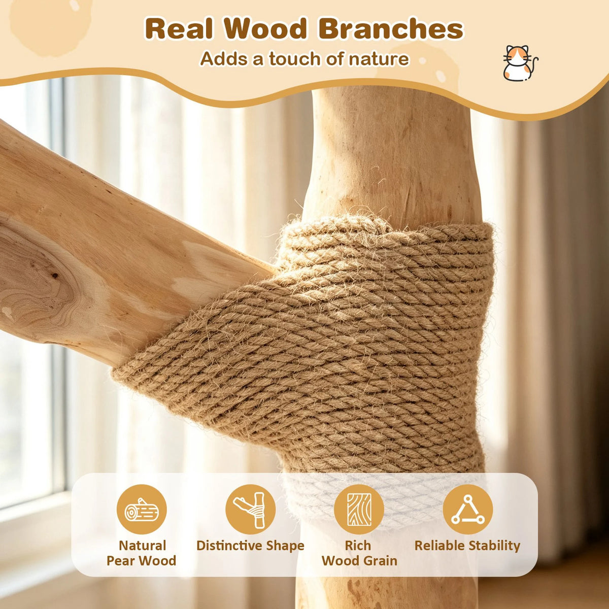 105 CM Tall Modern Cat Tower with Real Wood Branches and Scratching Posts for Cats