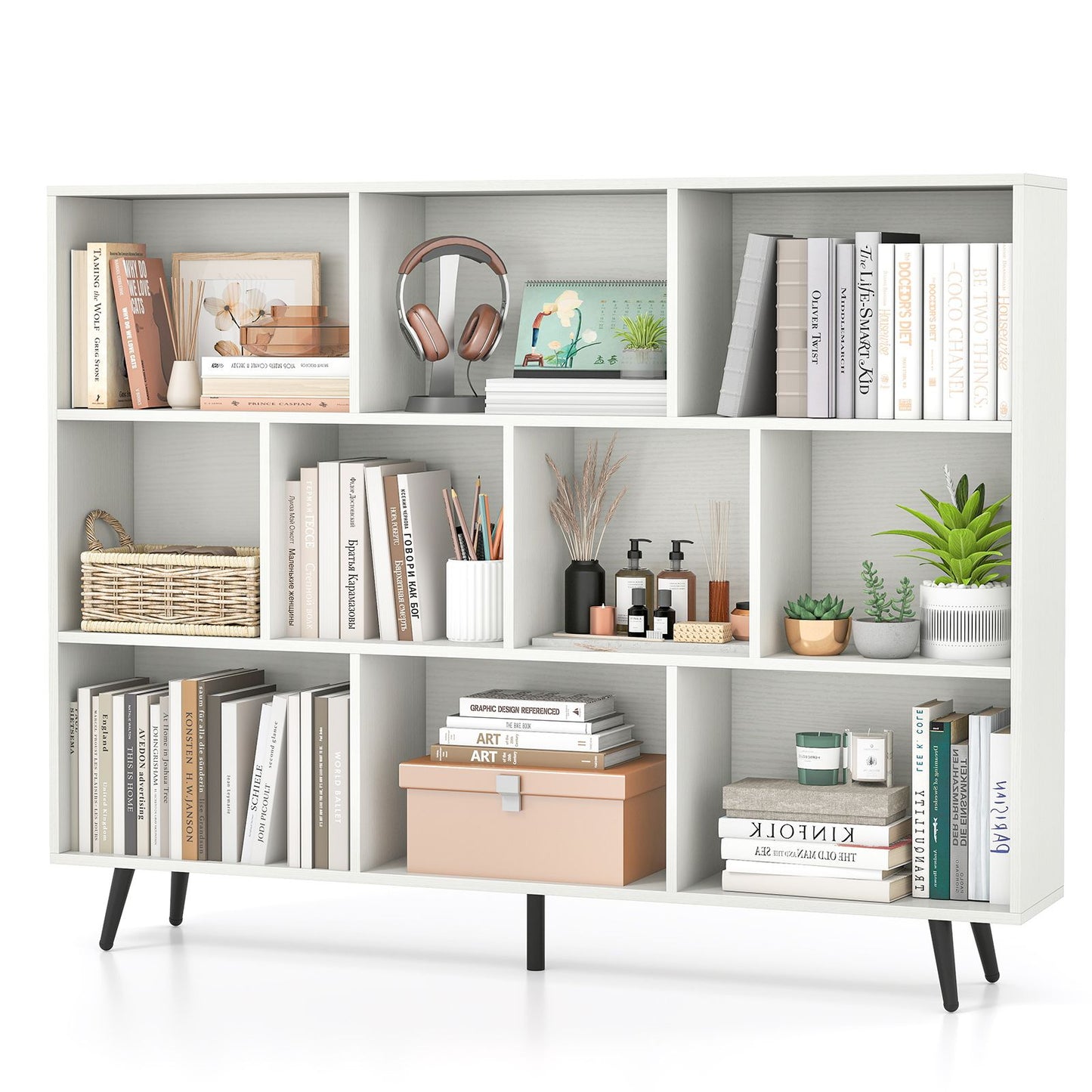 Bookcase 80/100/120/140 CM Storage Organizer with 4/5/5/5 Tapered Metal Legs