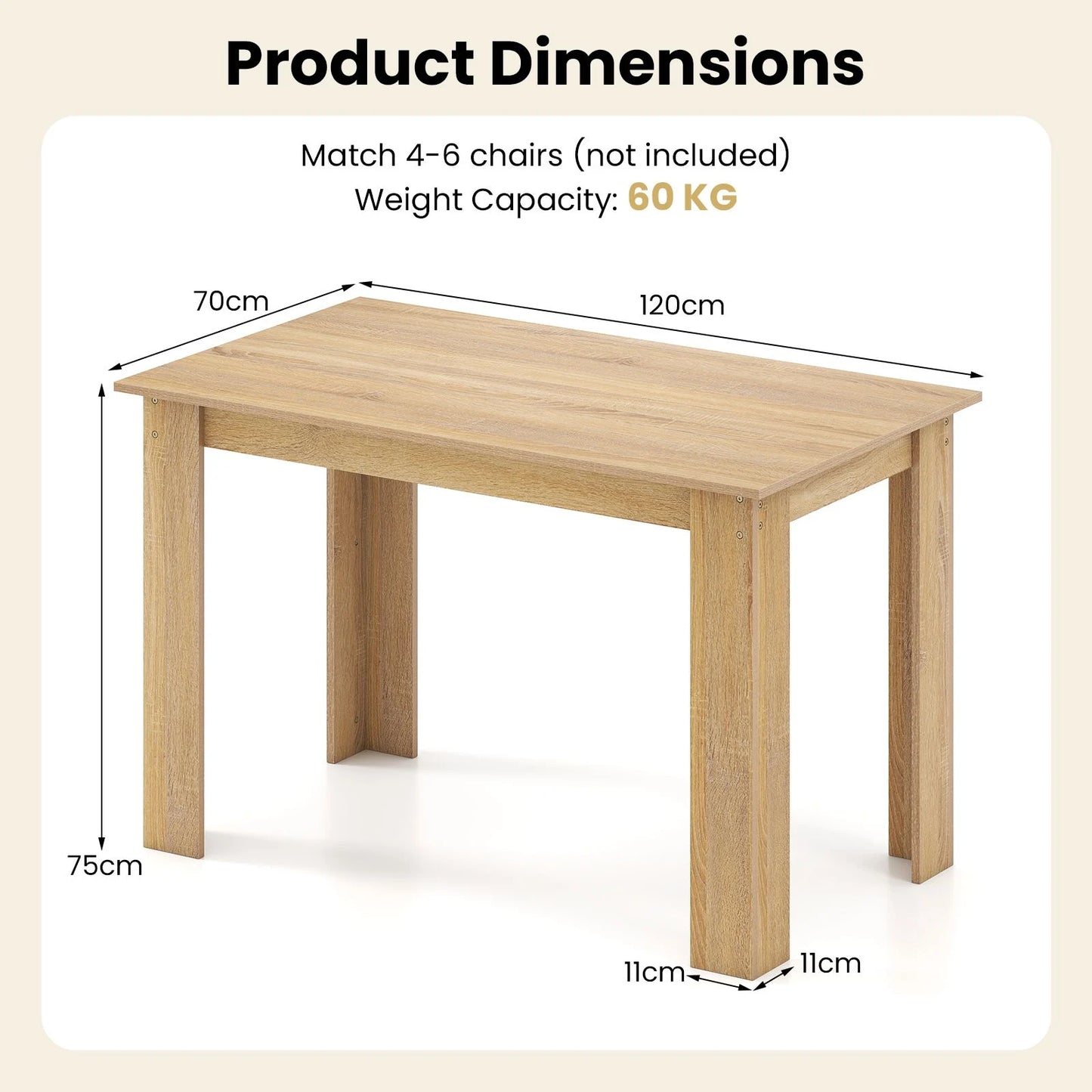 120 CM Dining Table for 4-6 People Wooden Rectangular Table Long Dinner Table