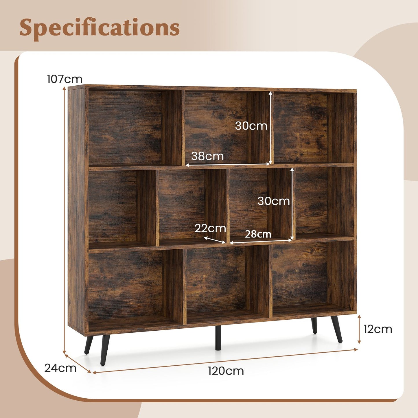 Bookcase 80/100/120/140 CM Storage Organizer with 4/5/5/5 Tapered Metal Legs