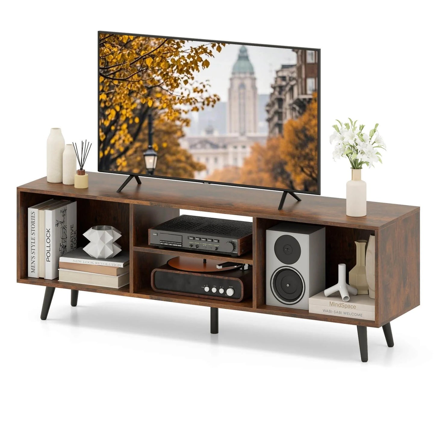 120cm Mid Century Modern TV Stand with Shelves and 5 Metal Legs