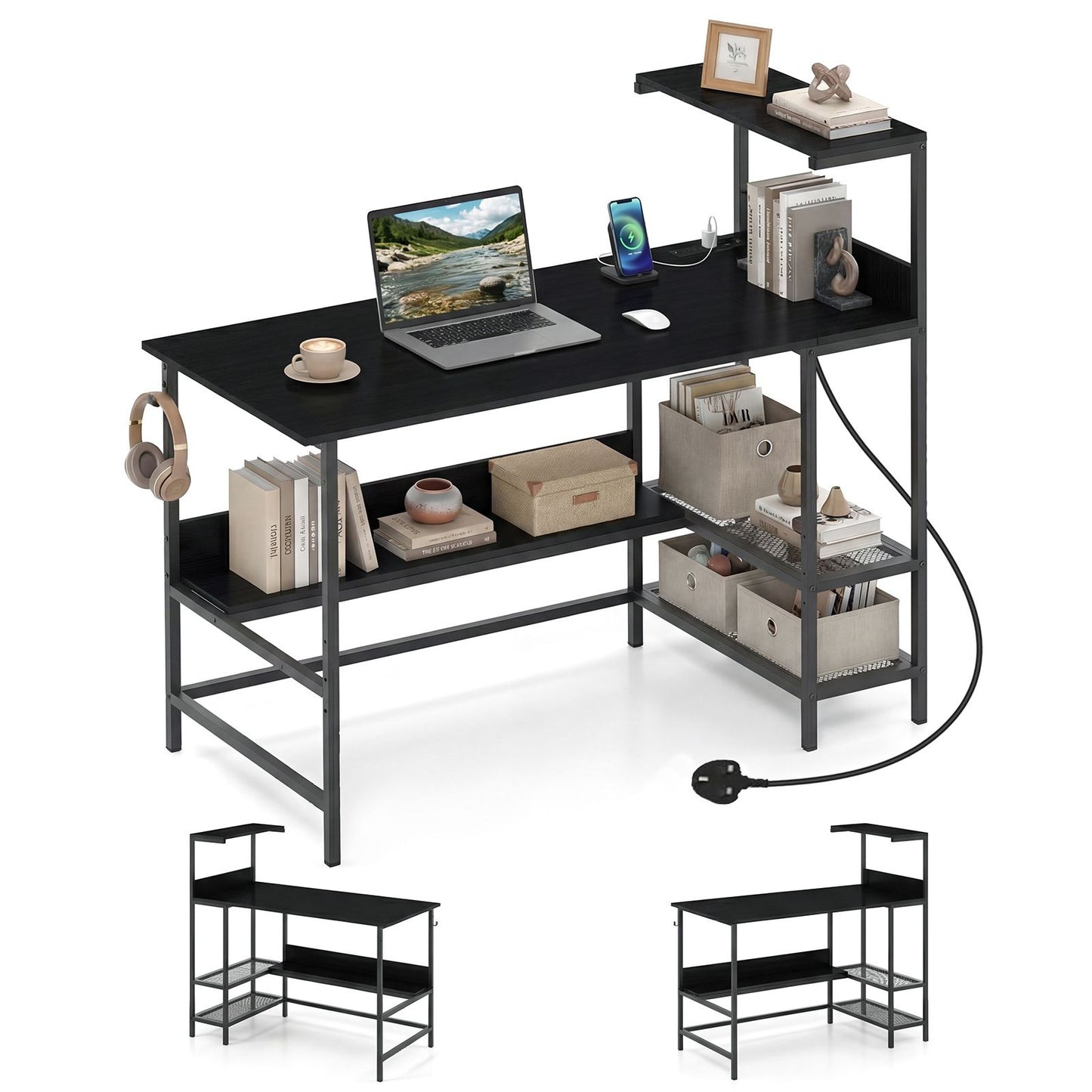122.5 CM Computer Desk with Power Outlets & Storage Shelves and Headphone Hook for Working