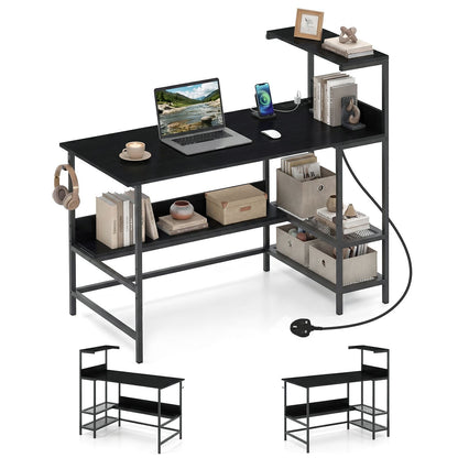 122.5 CM Computer Desk with Power Outlets & Storage Shelves and Headphone Hook for Working