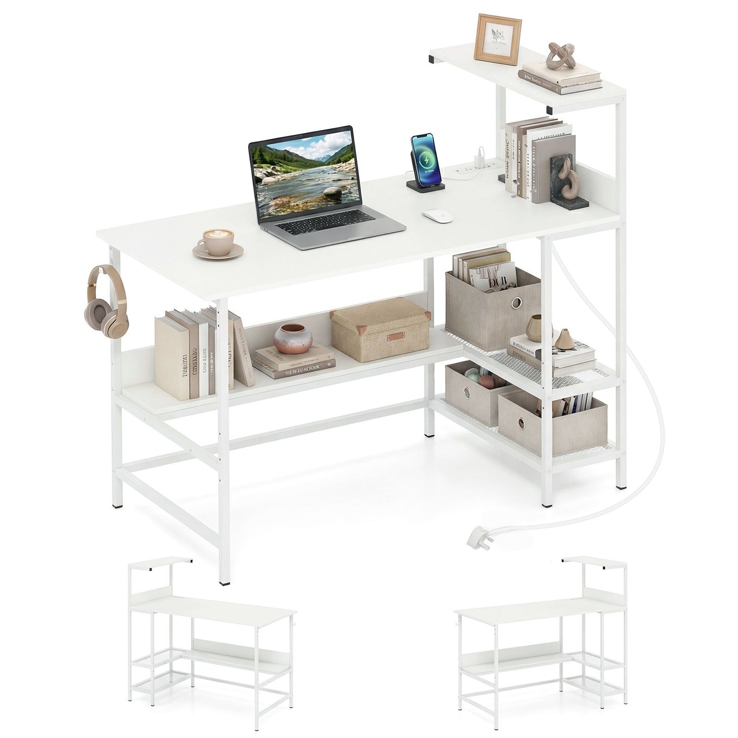 122.5 CM Computer Desk with Power Outlets & Storage Shelves and Headphone Hook for Working