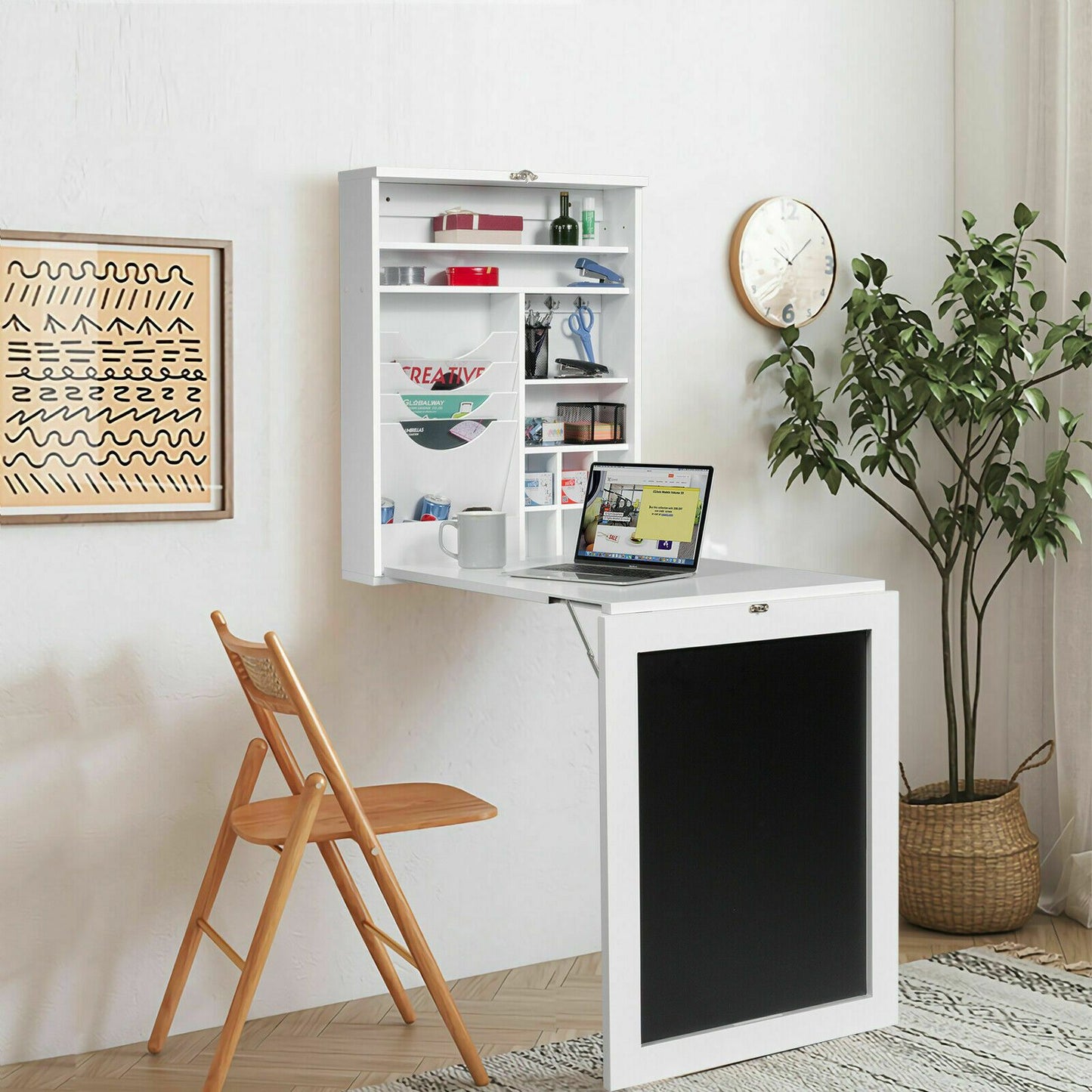 Folding Wall Mounted Drop-Leaf Table, Space Saving Floating Computer Desk with Chalkboard and Adjustable Storage Shelves