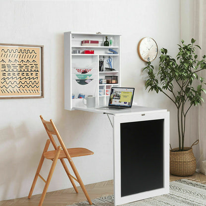 Folding Wall Mounted Drop-Leaf Table, Space Saving Floating Computer Desk with Chalkboard and Adjustable Storage Shelves